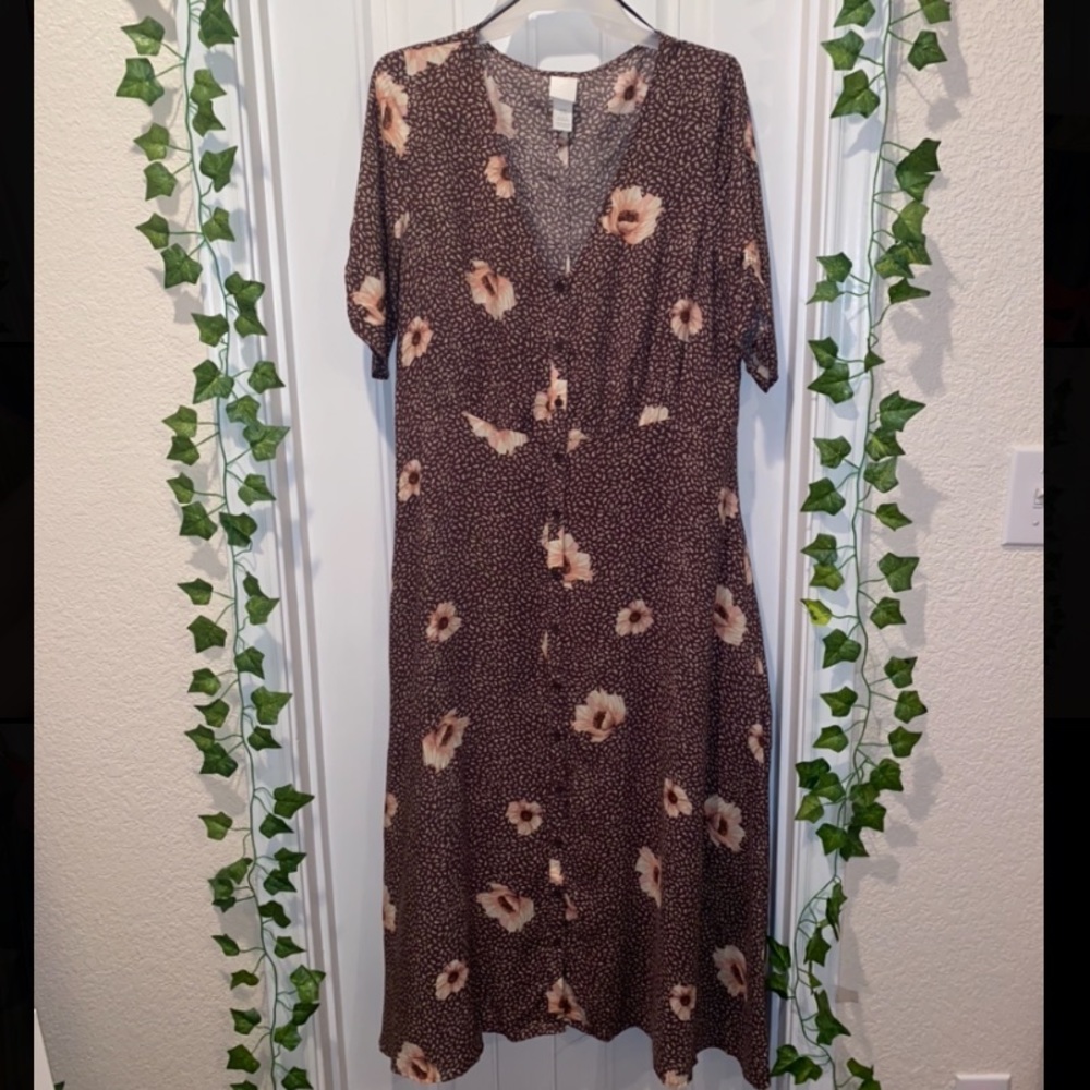 Brown Mixed Print Midi